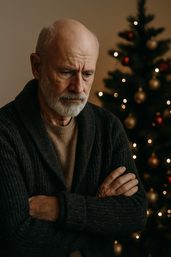 Homme âgé calme et introspectif devant un sapin, illustrant la sérénité stoïcienne face à la solitude des fêtes.