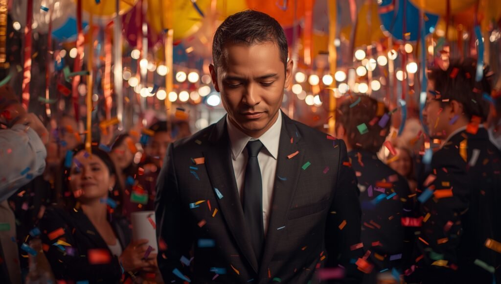 Un homme en costume reste calme et centré au milieu d’une fête bruyante et colorée, symbolisant la maîtrise de soi stoïcienne et la tempérance face à la frénésie commerciale.