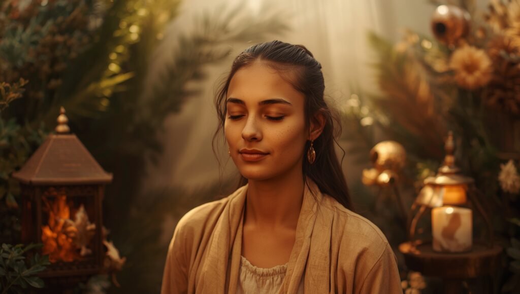 Femme méditant paisiblement dans une ambiance lumineuse et dorée, symbolisant la sérénité et la sagesse stoïcienne pendant les fêtes.