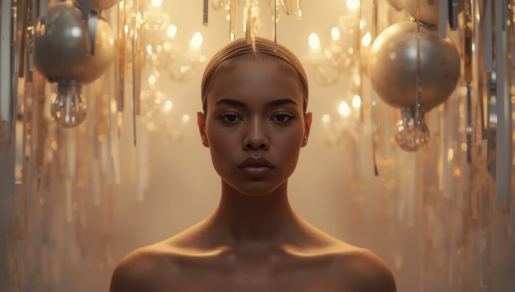 Portrait d’une femme calme et concentrée sous des lumières festives dorées, symbolisant la sérénité et la maîtrise stoïcienne durant les fêtes.