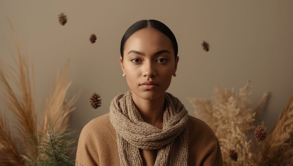 Portrait calme d’une personne vêtue de tons naturels, entourée de décorations sobres de Noël, illustrant la simplicité et la sérénité selon la philosophie stoïcienne.