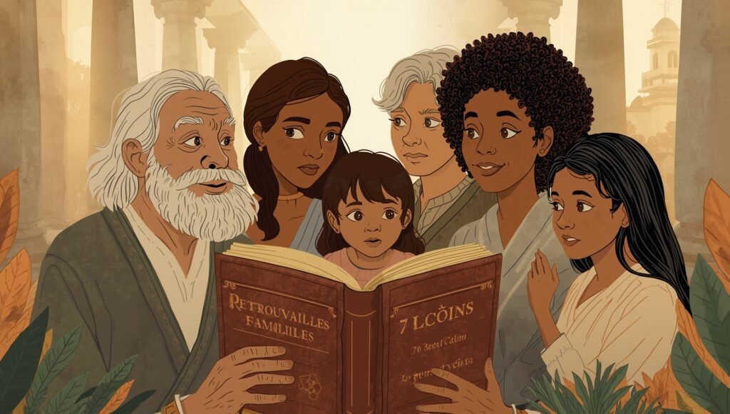 Illustration représentant un sage lisant un livre sur le stoïcisme entouré de membres d’une famille de plusieurs générations, symbolisant la transmission de la sagesse et de la sérénité stoïcienne à travers les âges.