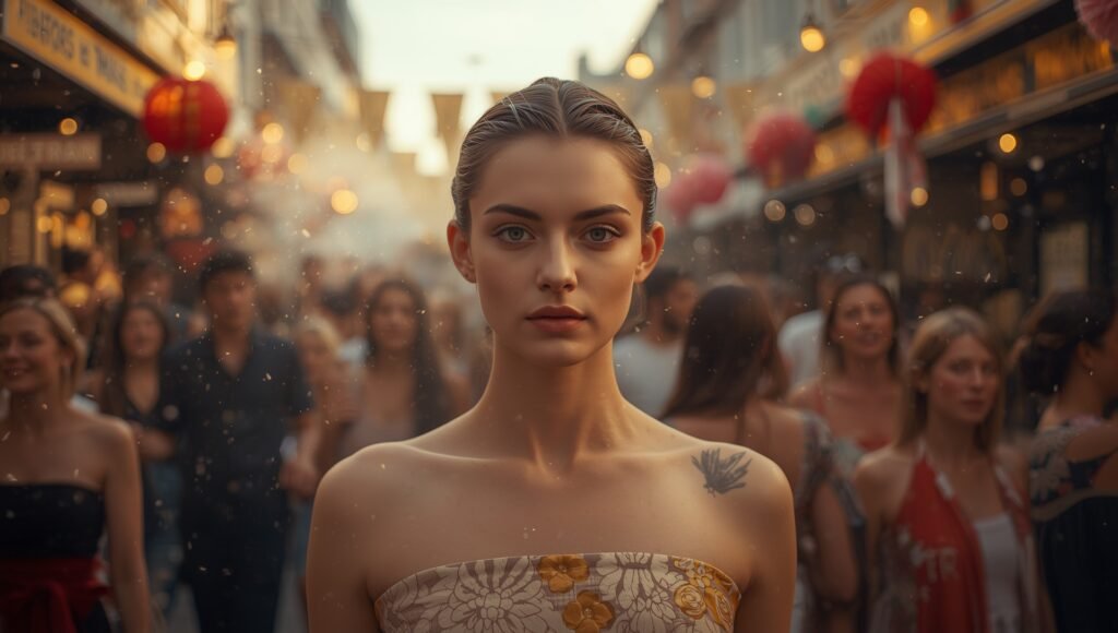 Une femme calme et concentrée au milieu d’une foule agitée pendant une fête commerciale, symbolisant la sérénité stoïcienne et la maîtrise de soi face aux tentations de la consommation.
