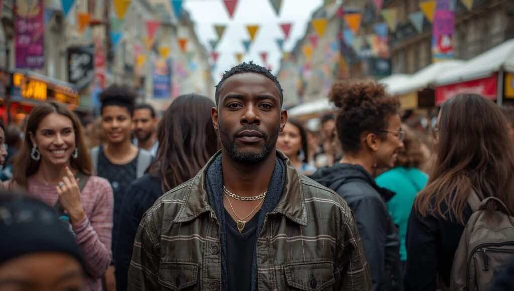 Un homme au regard serein se tient calmement au milieu d’une foule animée lors d’une fête de rue, incarnant la résilience stoïcienne et la maîtrise de soi face aux distractions modernes.