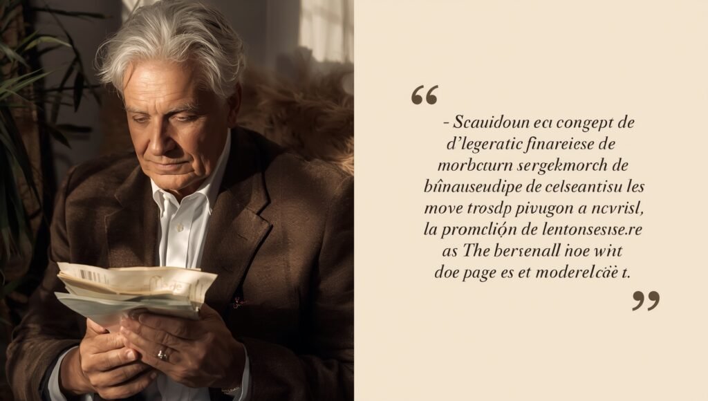 Portrait d’un homme âgé lisant calmement des documents dans une lumière douce, illustrant la réflexion, la maîtrise de soi et la sérénité stoïcienne face aux responsabilités financières et personnelles