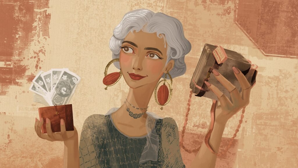 Illustration stylisée d’une femme sereine tenant de l’argent dans une main et un livre dans l’autre, symbolisant l’équilibre stoïcien entre la richesse matérielle et la sagesse spirituelle