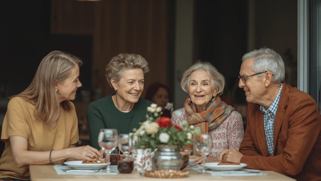 Groupe de proches réunis autour d’un repas dans une ambiance sereine et bienveillante, symbolisant la paix intérieure et la maîtrise de soi prônées par la philosophie stoïcienne.