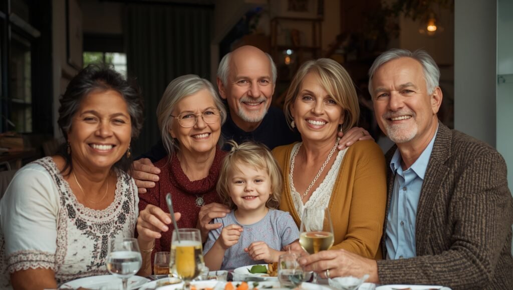 Groupe familial souriant autour d’un repas, symbole d’harmonie, de sérénité et de paix intérieure inspirées par les principes stoïciens lors des retrouvailles.