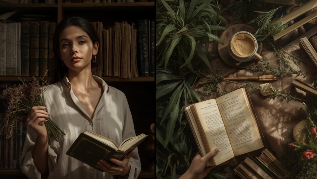 Femme lisant livre de sagesse avec plantes aromatiques et composition herboristerie tisane illustrant cadeaux stoïciens naturels