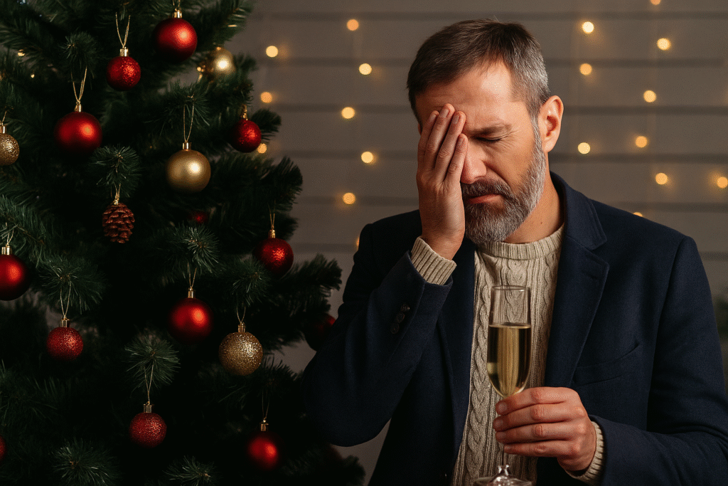 Homme pensif devant un sapin de Noël, tenant une coupe de champagne, illustrant la modération et la réflexion stoïcienne pendant les célébrations.