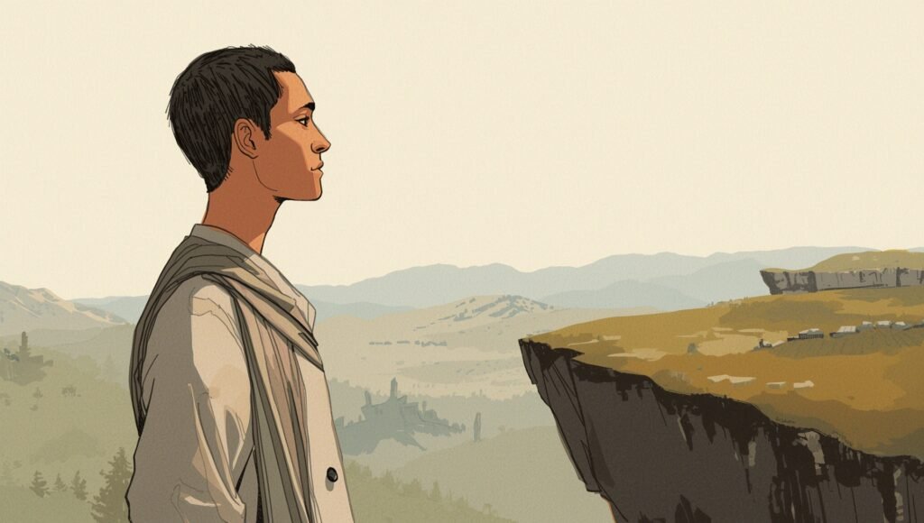 Philosophe stoïcien pratiquant la gratitude en contemplant le paysage