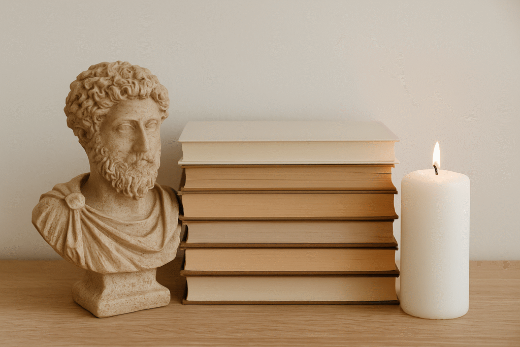 Intérieur minimaliste lumineux symbolisant la simplicité et la clarté d’esprit selon la philosophie stoïcienne.