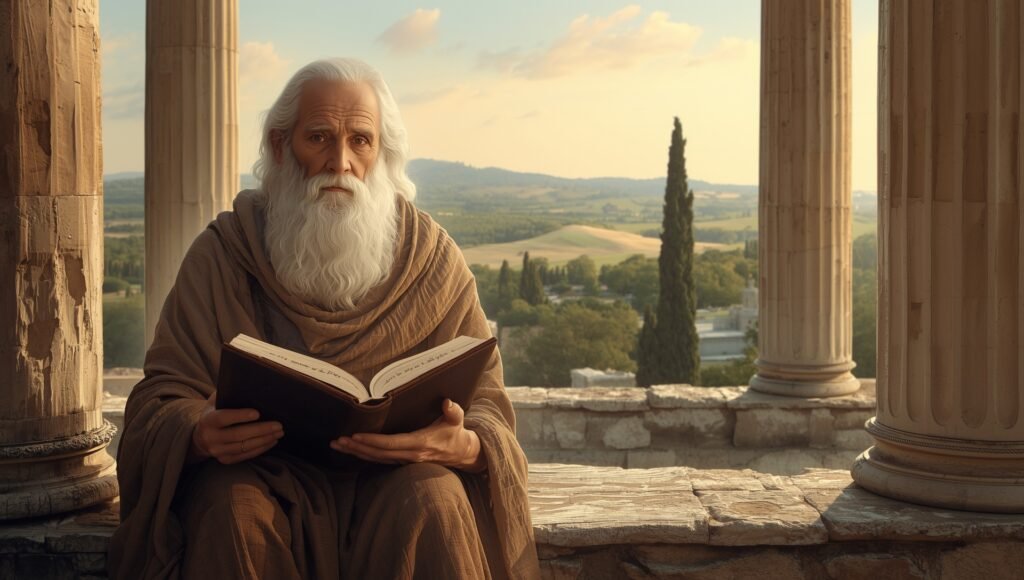 Philosophe stoïcien âgé lisant un manuscrit dans un temple grec antique face au paysage méditerranéen