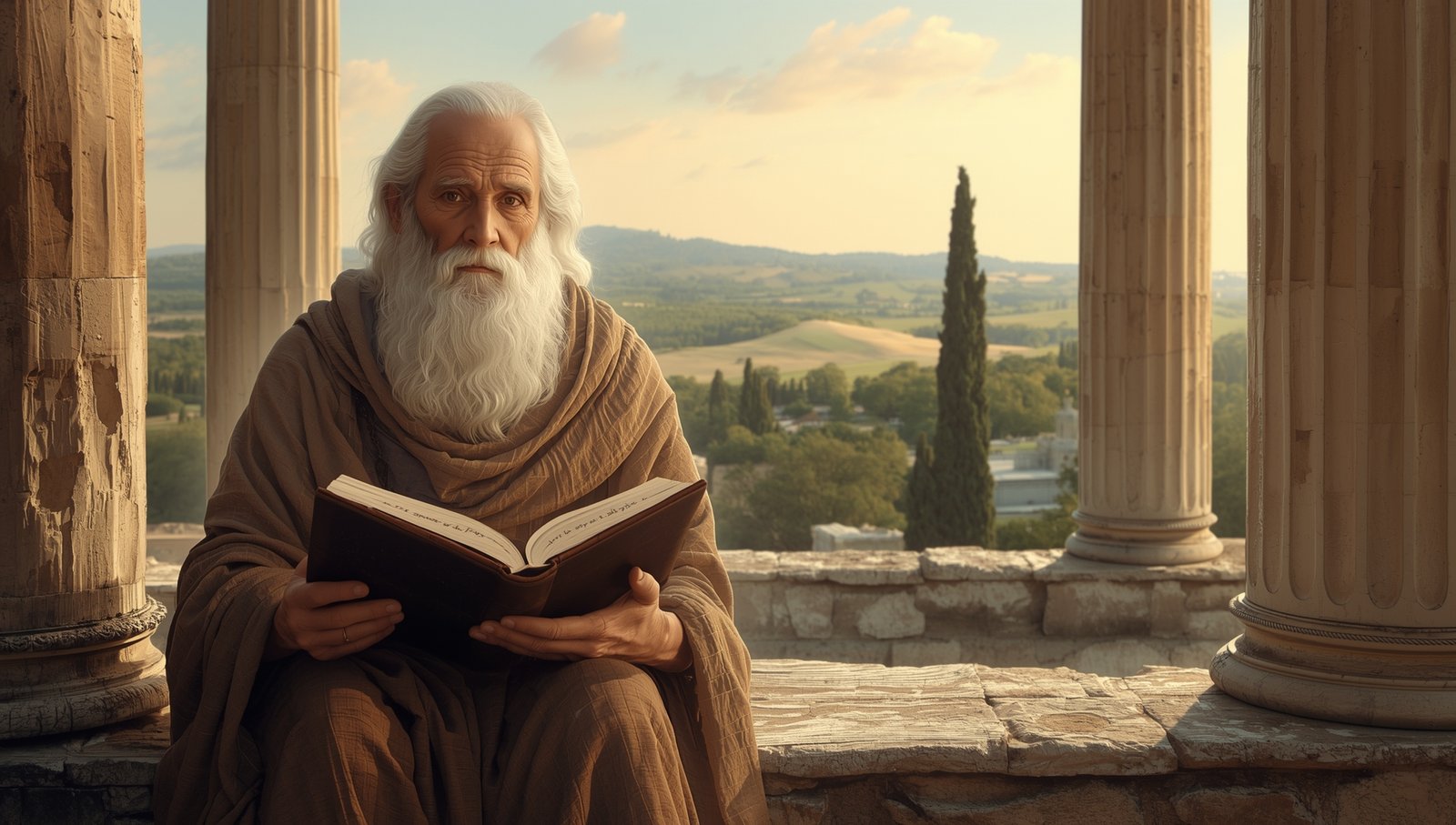 Philosophe stoïcien en contemplation dans un temple grec — transmission de la sagesse de Zénon