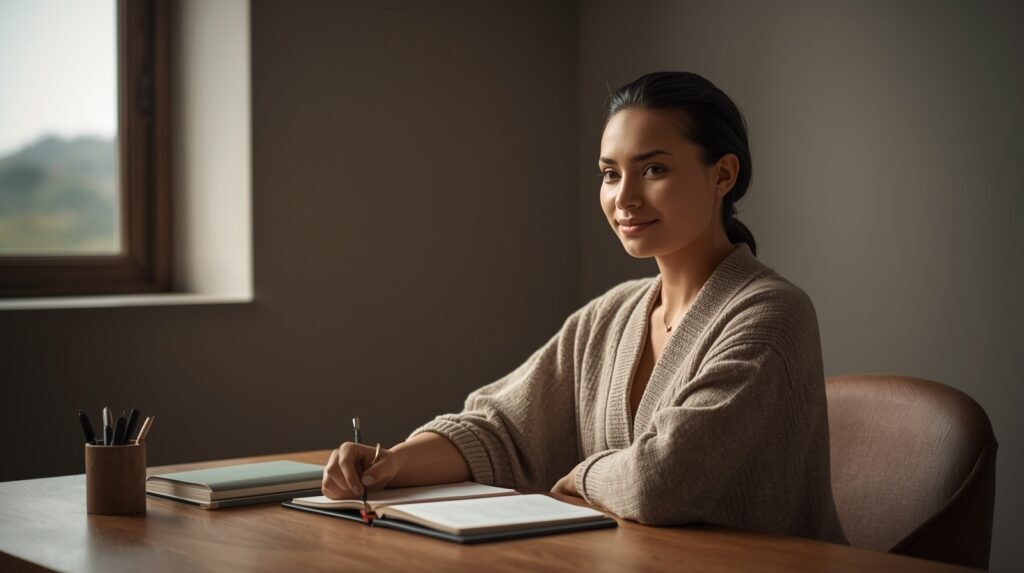 A serene and focused individual with a calm expression,