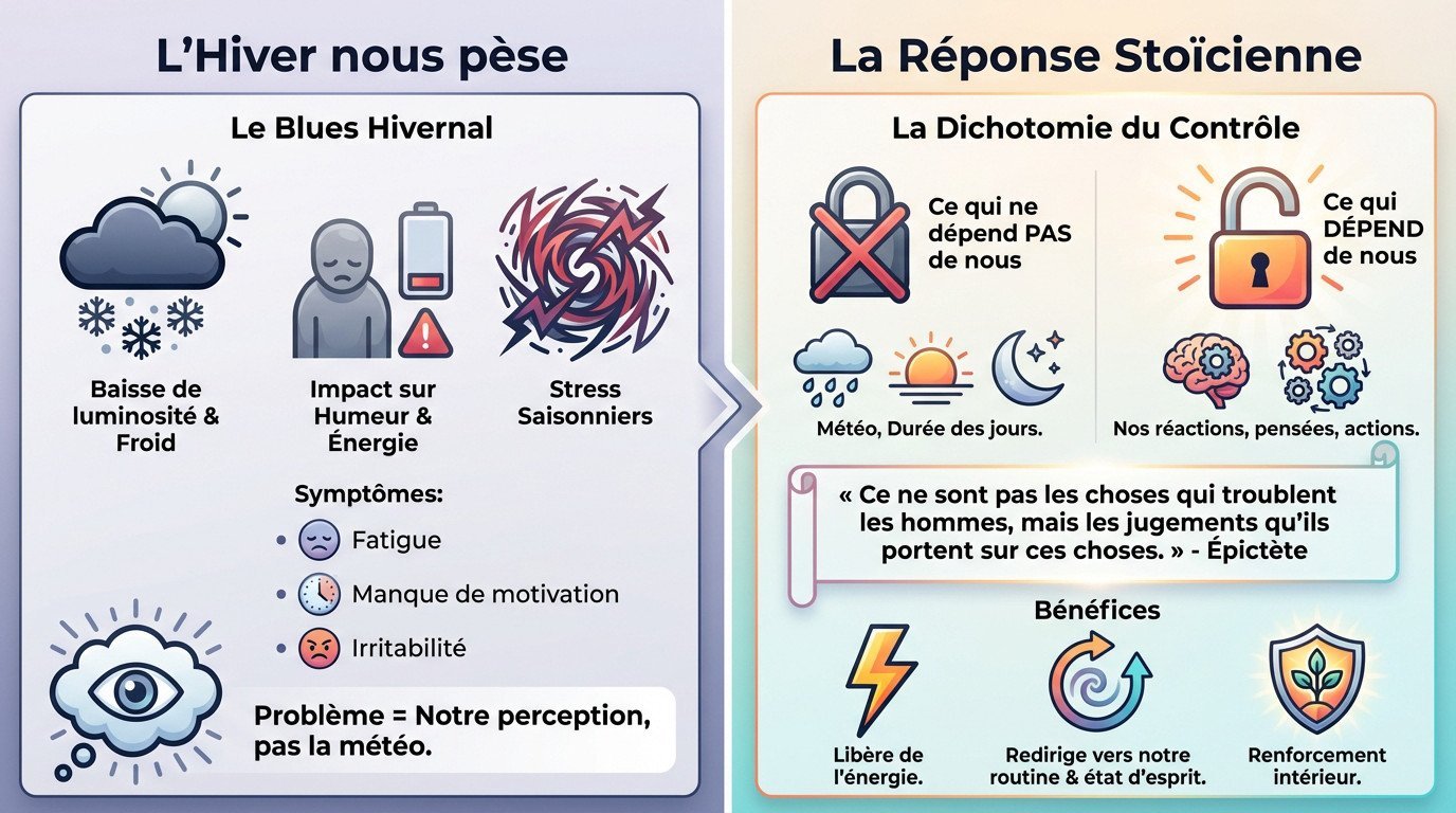 Illustration d'un homme calme pratiquant le stoïcisme face à un paysage hivernal brumeux