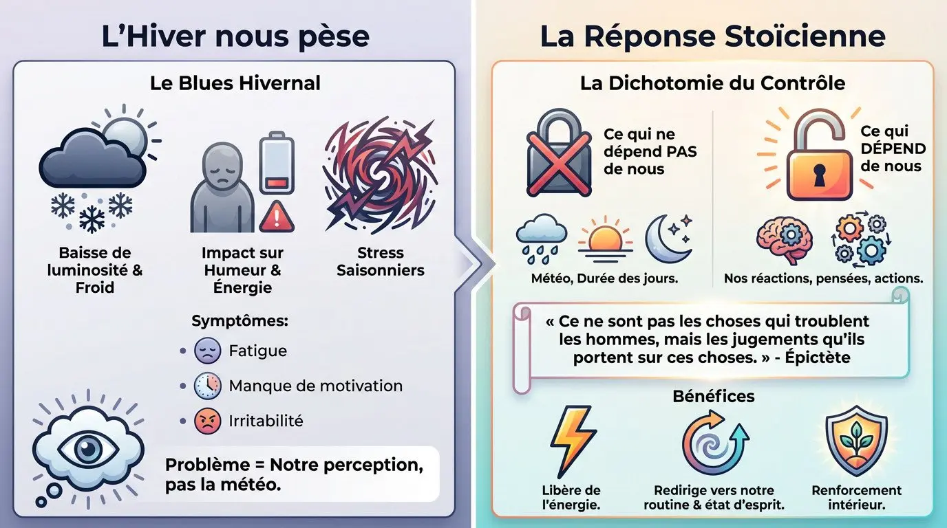 Illustration d'un homme calme pratiquant le stoïcisme face à un paysage hivernal brumeux