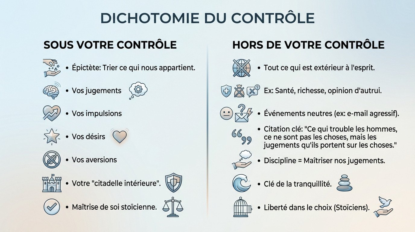 Schéma illustrant la dichotomie du contrôle stoïcienne : ce qui dépend de nous versus ce qui ne dépend pas de nous