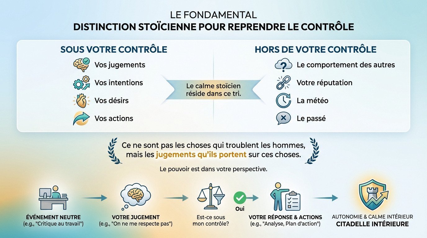 Schéma illustrant la distinction stoïcienne entre ce qui dépend de nous et ce qui n'en dépend pas