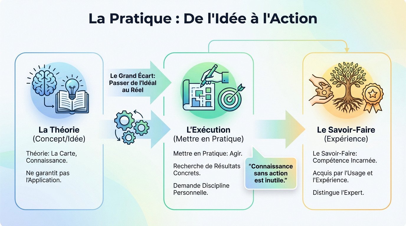Illustration symbolisant le passage de la théorie abstraite à la pratique concrète et l'action réelle