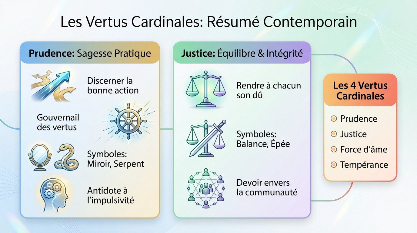 Illustration symbolique des quatre vertus cardinales : prudence, justice, force et tempérance