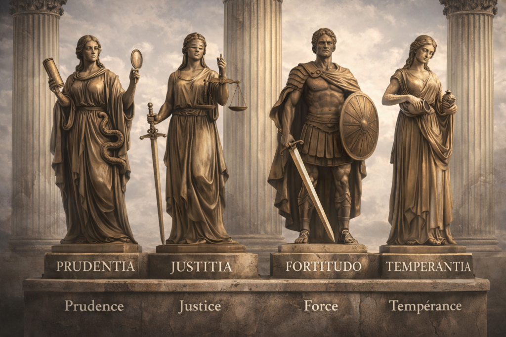 Illustration des quatre vertus cardinales — prudence, justice, force et tempérance — piliers de l’action juste dans la philosophie antique
