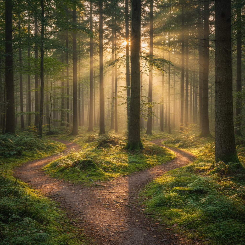 Sentier dans une forêt dense avec des rayons de soleil filtrant à travers les arbres