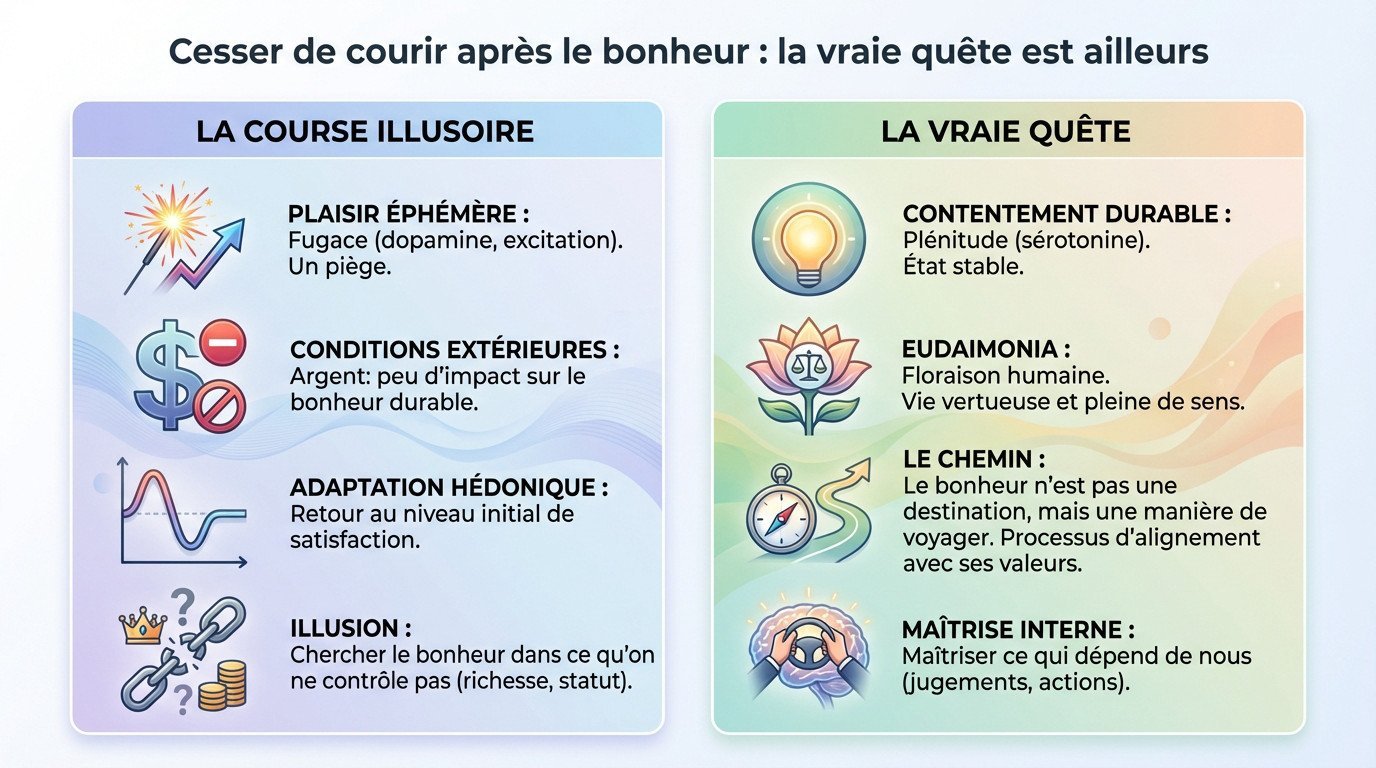 Schéma comparant la poursuite illusoire du plaisir éphémère à la construction d'un bonheur stoïcien durable