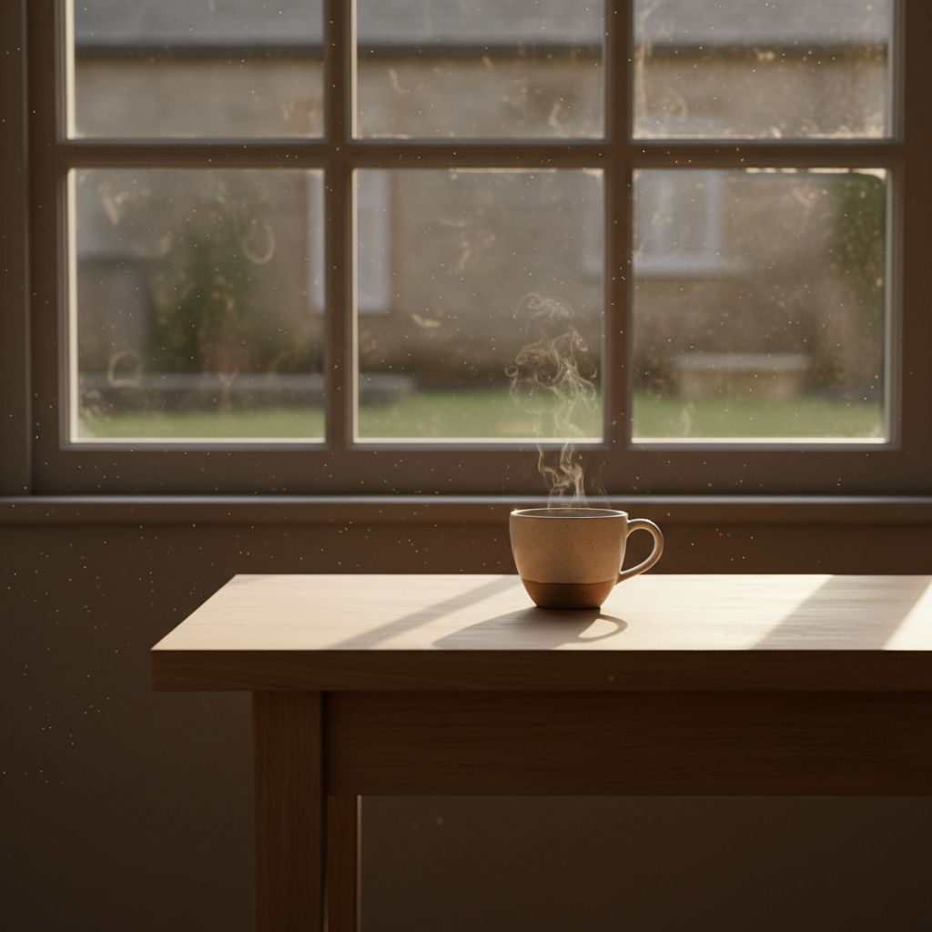 Tasse à café en céramique sur table en bois, lumière matinale et ambiance minimaliste stoïque