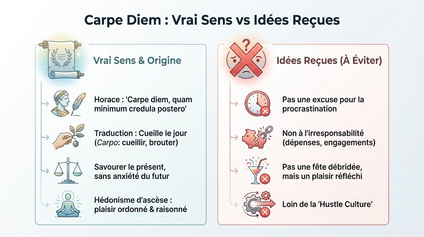 Schéma comparatif entre le sens stoïcien de Carpe Diem et les interprétations modernes erronées