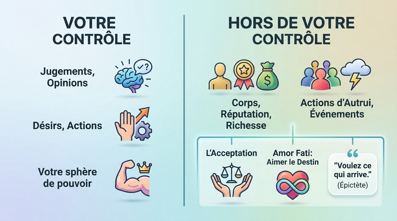 Schéma illustrant la dichotomie du contrôle et l'acceptation stoïcienne