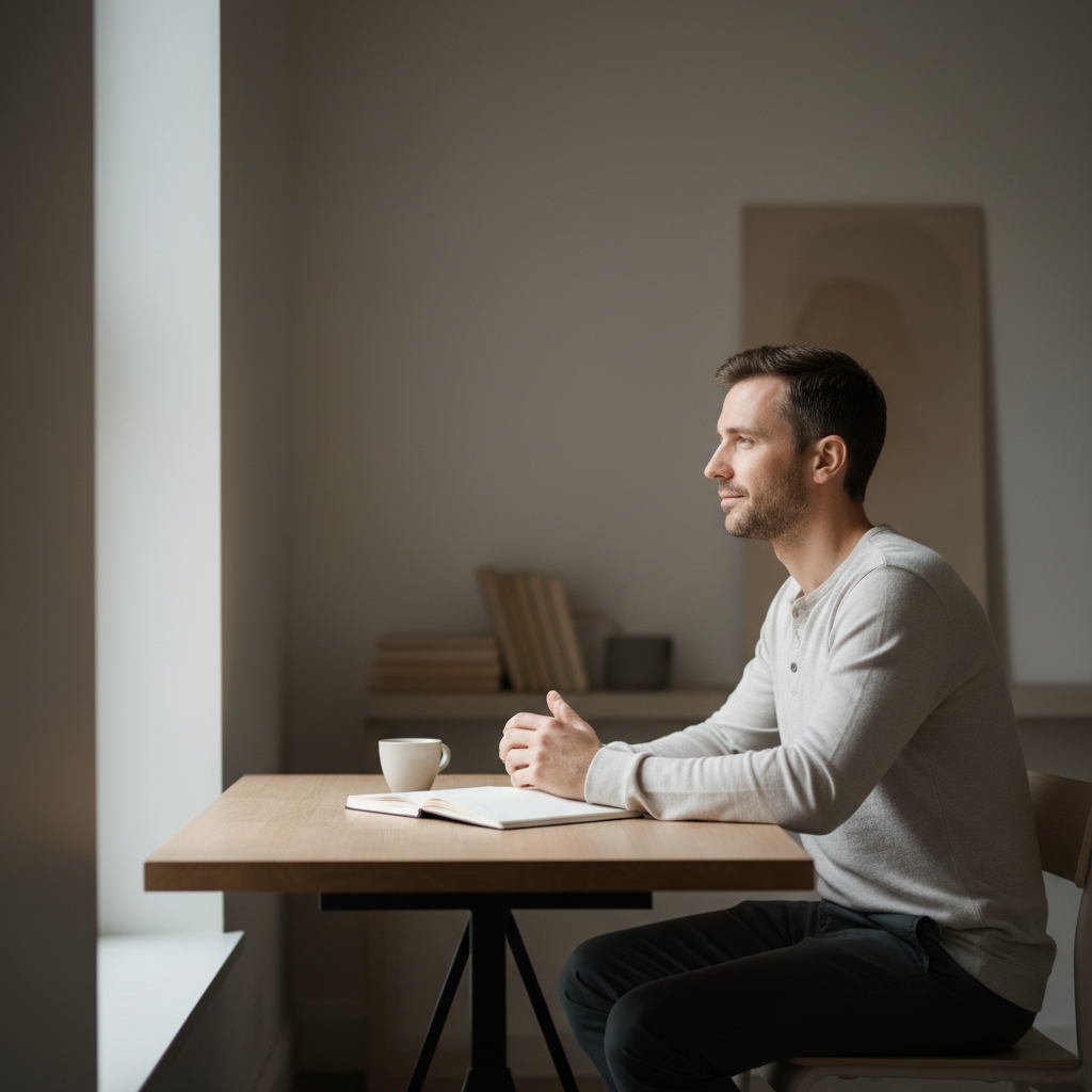 Photographie d'un homme serein assis à un bureau en bois devant une fenêtre, avec un carnet et un café, dans une ambiance minimaliste et lumineuse.
