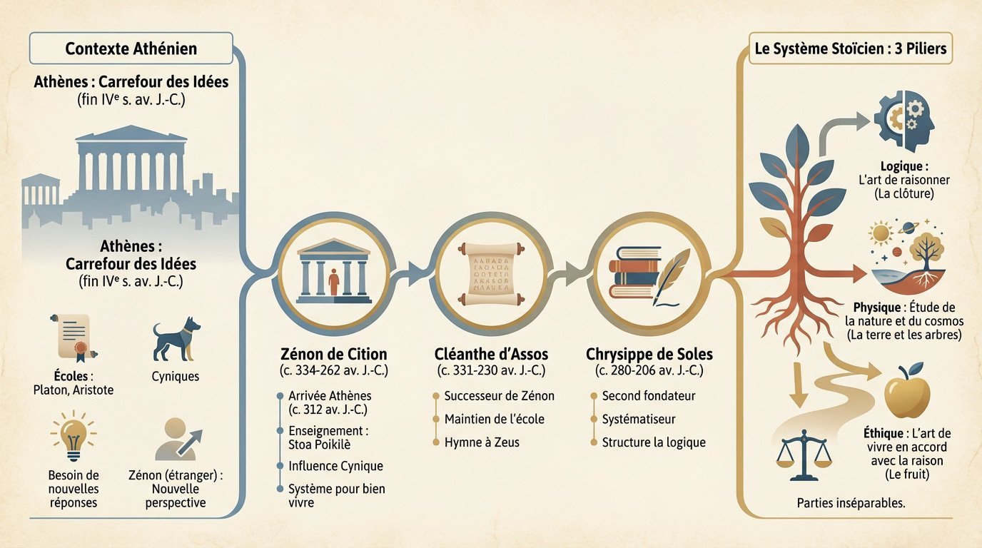Infographie détaillant les origines grecques du stoïcisme avec Zénon, Cléanthe et Chrysippe ainsi que la structure logique, physique et éthique