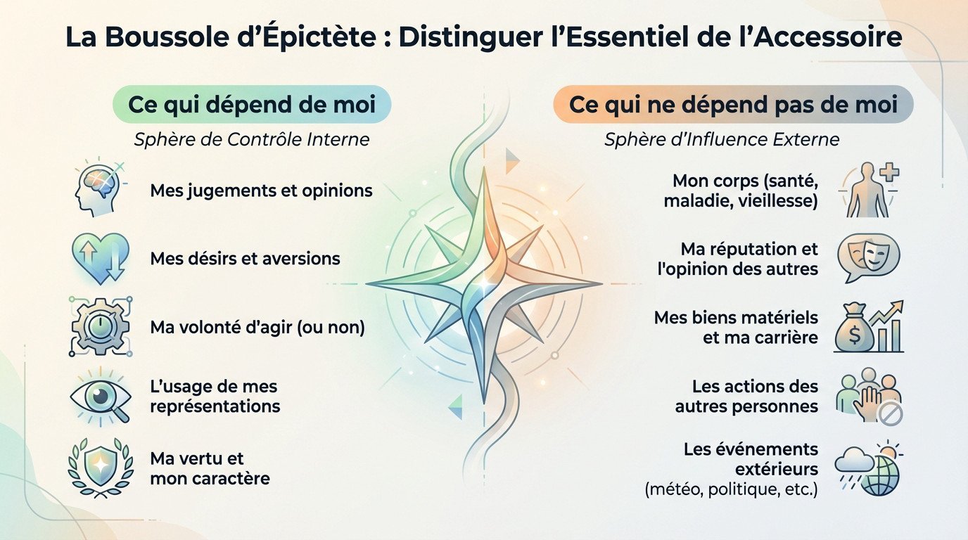 Schéma illustrant la dichotomie du contrôle selon Épictète : cercle d'influence vs cercle de préoccupation