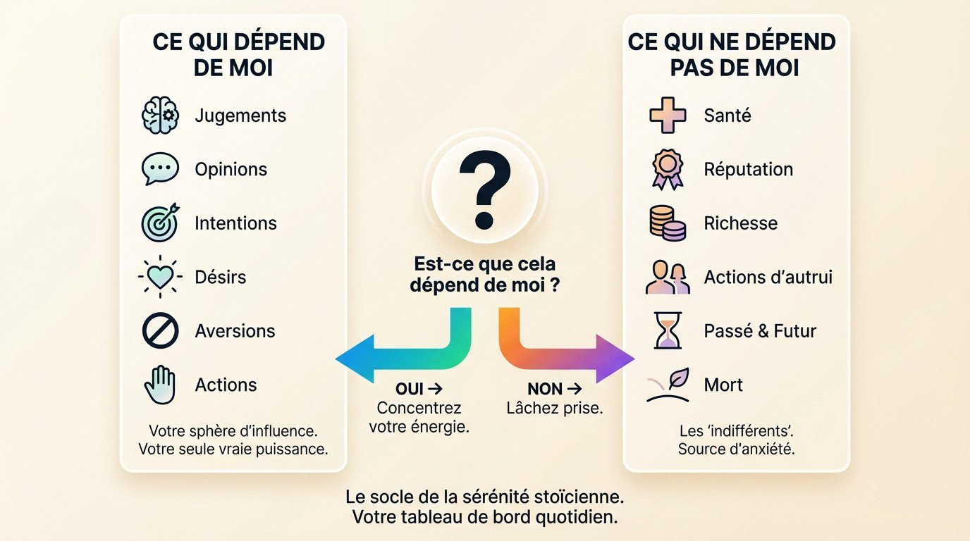 Schéma illustrant la dichotomie du contrôle stoïcienne : sphère d'influence vs éléments extérieurs