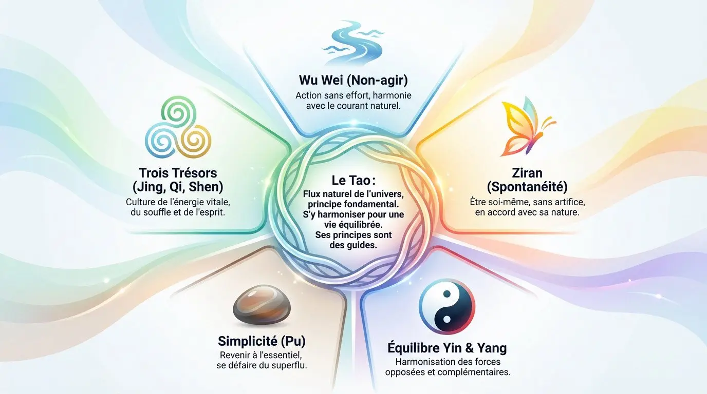 Illustration symbolique des 5 principes du tao et de l'équilibre Yin Yang