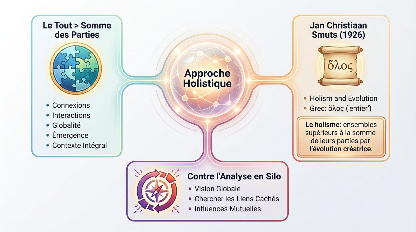 Illustration des principes et concepts clés de l'approche holistique montrant la connexion entre les éléments