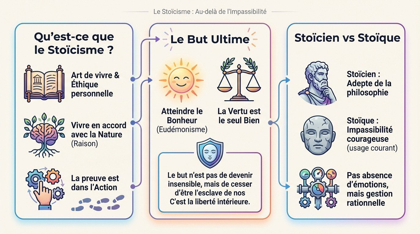 Statue antique représentant un philosophe stoïcien en réflexion, illustrant la sérénité et la maîtrise de soi