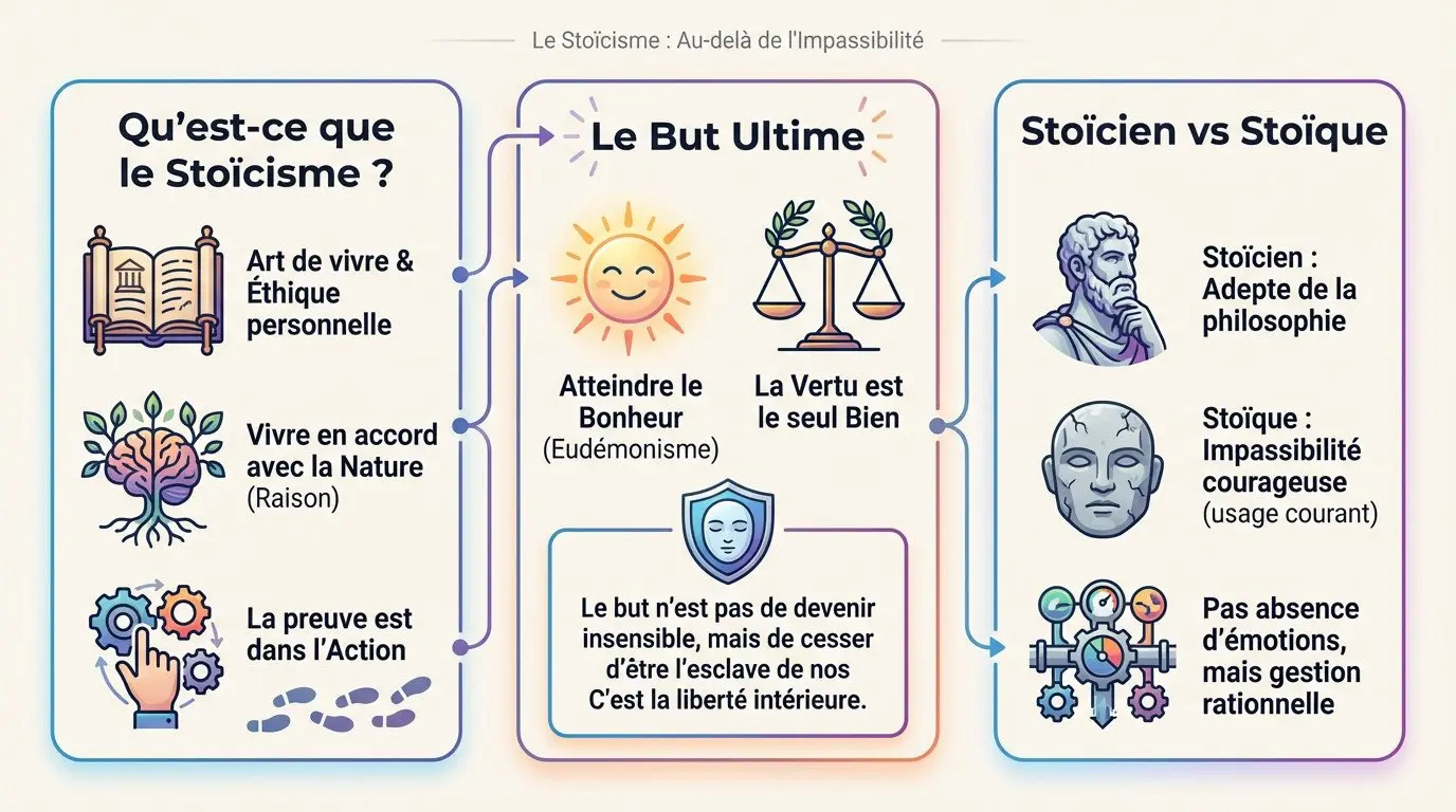 Statue antique représentant un philosophe stoïcien en réflexion, illustrant la sérénité et la maîtrise de soi