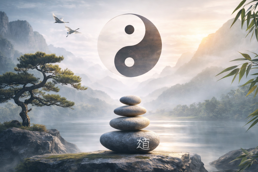 Illustration symbolique des principes du tao avec le Yin et le Yang, représentant l’équilibre, le Wu Wei et l’harmonie naturelle
