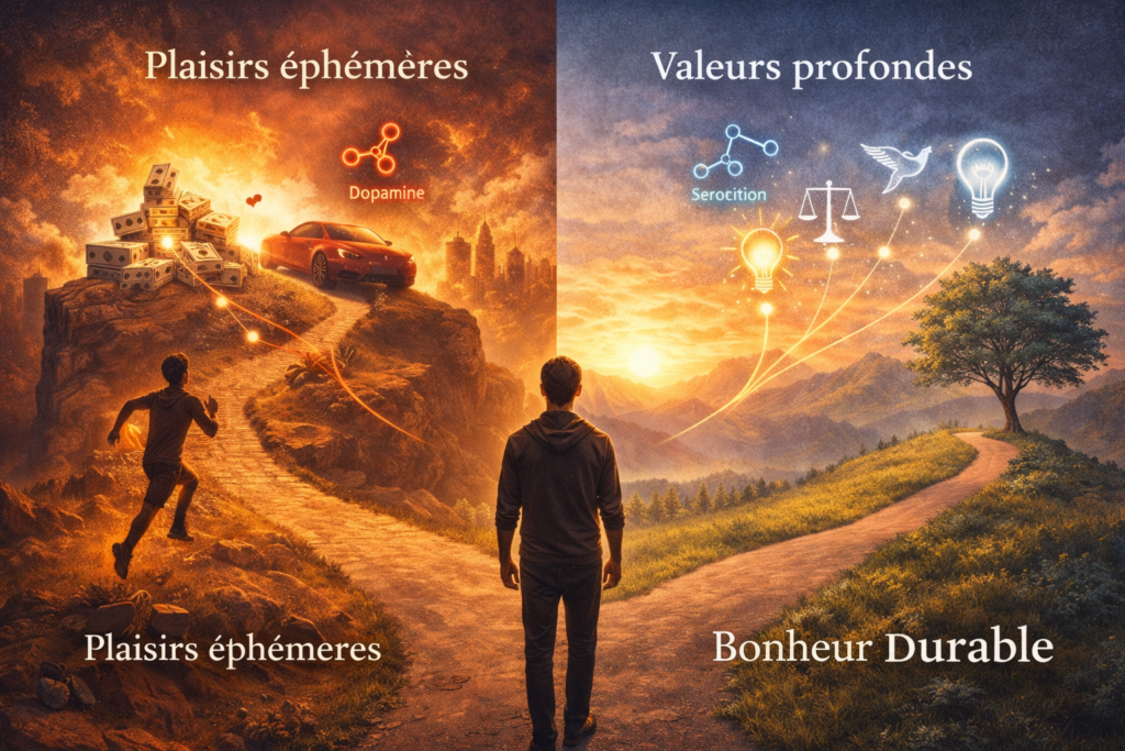 Illustration de la quête du bonheur durable opposant plaisirs éphémères et alignement avec des valeurs profondes
