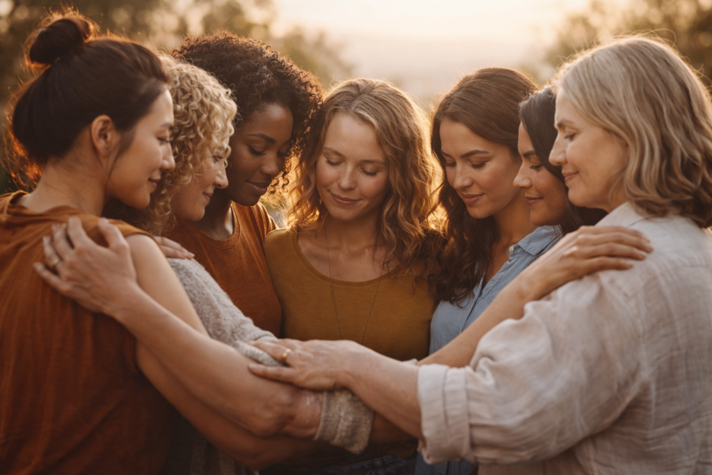 Groupe de femmes unies illustrant la sororité, la solidarité féminine et le soutien mutuel au quotidien
