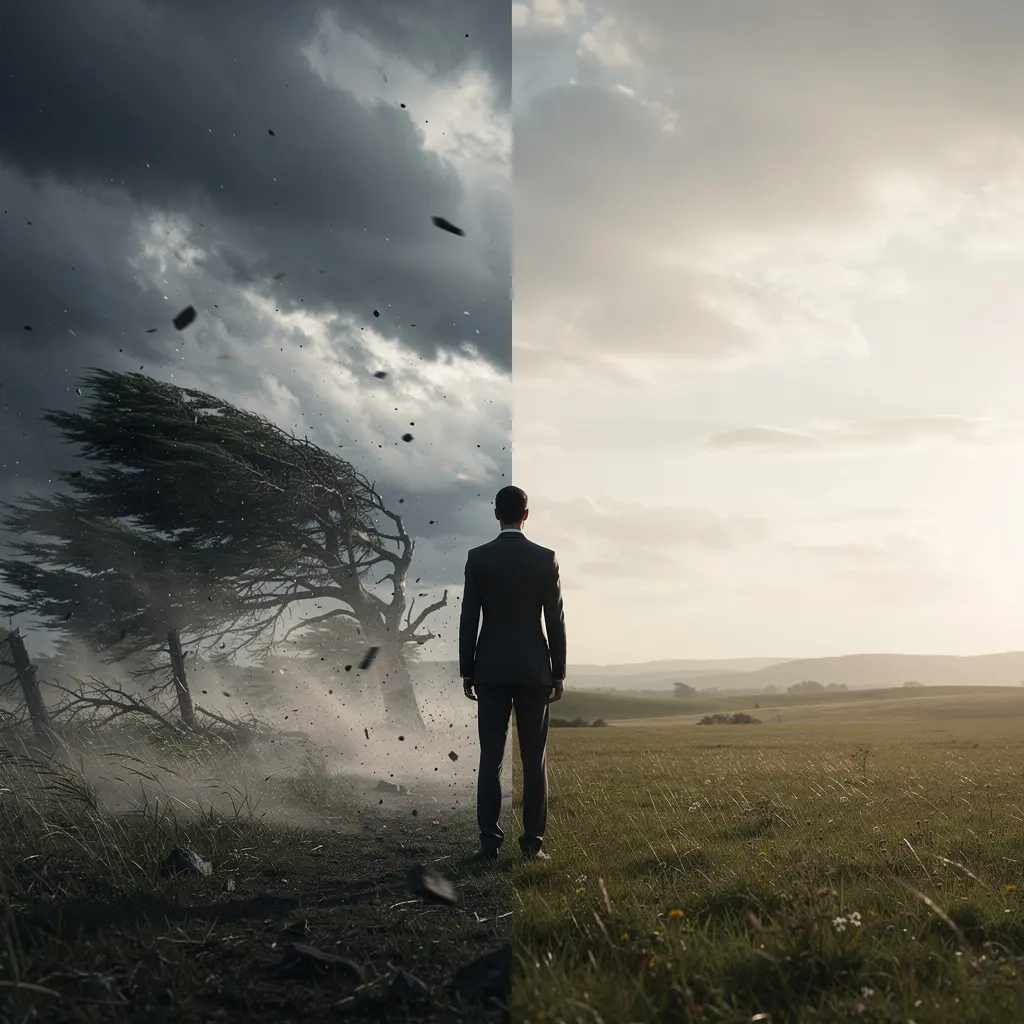 Stoic philosophy illustration representing the distinction between what depends on us and external events.