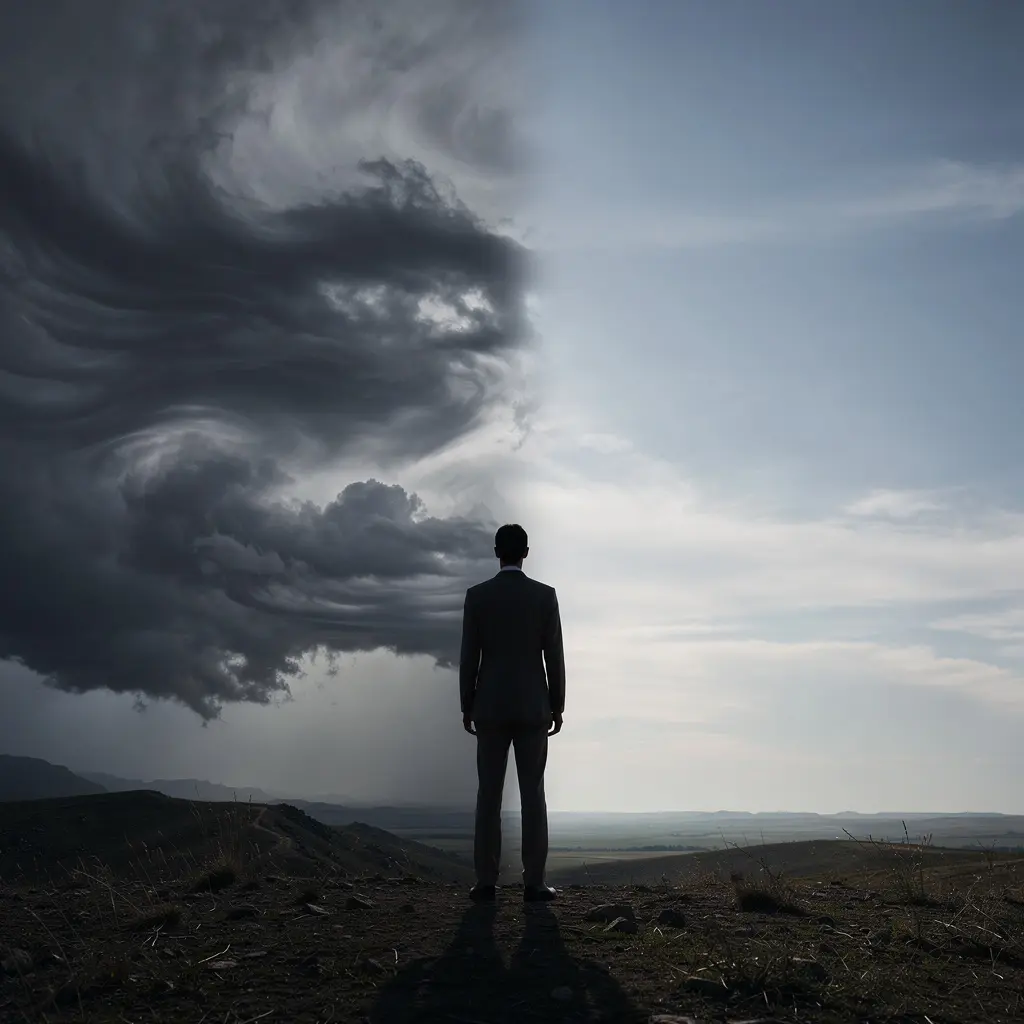Illustration symbolique du stoïcisme montrant la distinction entre ce qui dépend de soi et les événements extérieurs, incarnant la discipline du jugement et la sérénité intérieure.

