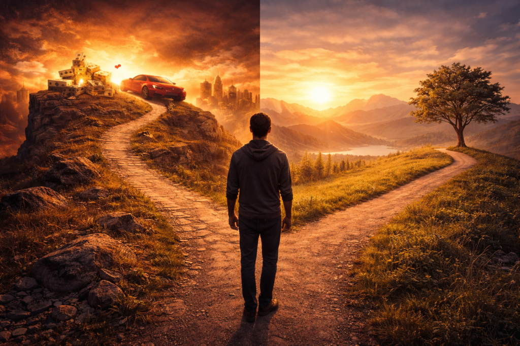 Homme faisant face à un choix entre deux chemins symbolisant la quête du bonheur durable et la sérénité intérieure