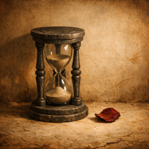 Sablier en pierre antique sur parchemin illustrant le concept stoïcien du Memento Mori — méditer sur la mort pour mieux vivre