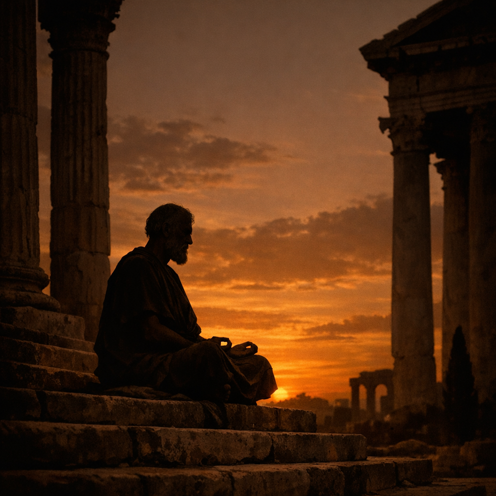 Philosophe stoïcien méditant au coucher du soleil, pratiquant le Memento Mori — se souvenir de sa mortalité pour mieux vivre