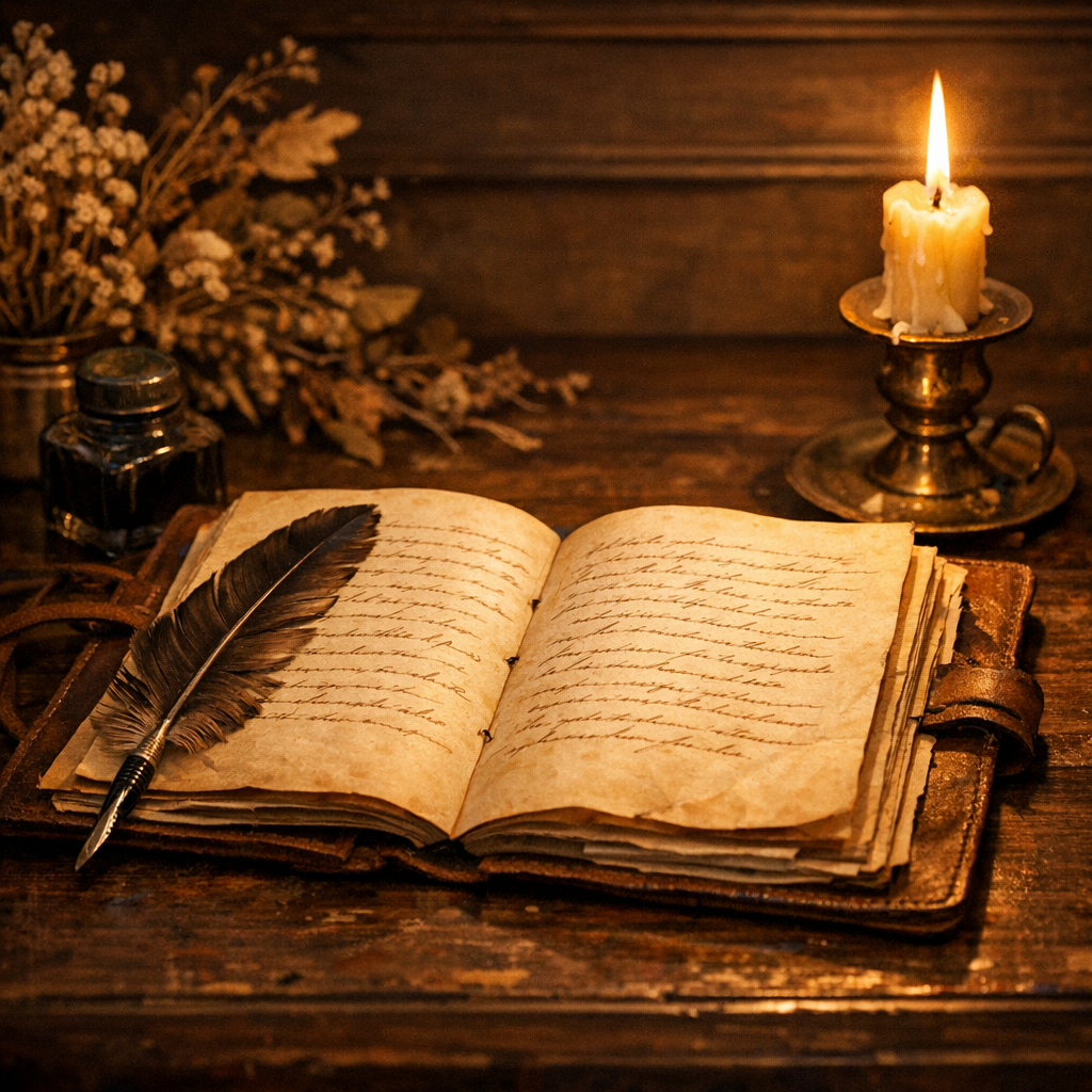 Journal stoïcien ouvert avec plume et bougie — pratique quotidienne de la revue du soir inspirée du Memento Mori