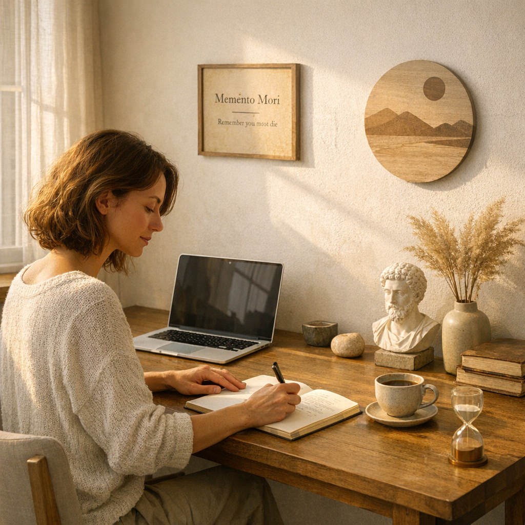 Stoïcisme et travail hybride : un professionnel serein dans un espace de télétravail lumineux