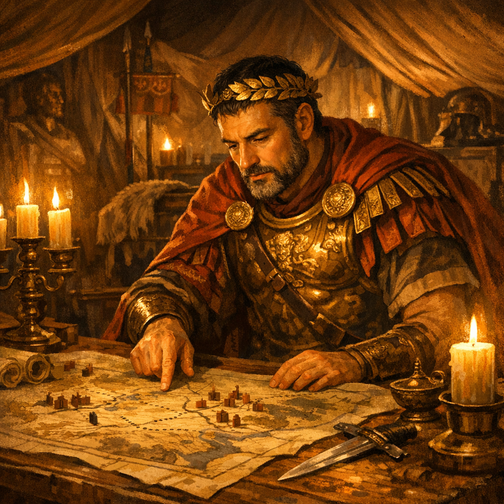 Marc Aurèle prenant une décision stratégique avec calme stoïcien malgré la pression